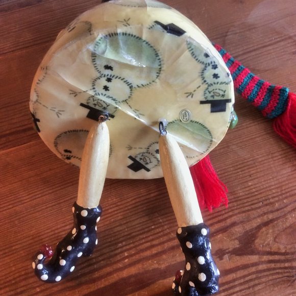 Snowman Ornament Shelf Sitter Paper Mache Striped Scarf Mittens Elf Shoes - Picture 5 of 7